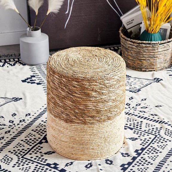 IVV Handwoven Seagrass Braided Round Ottoman, 14" Boho Decor Floor Chair for Couch or Desk, Outdoor Ottomans for Garden, Home Decorative Seat for Balcony (Natural & White)
