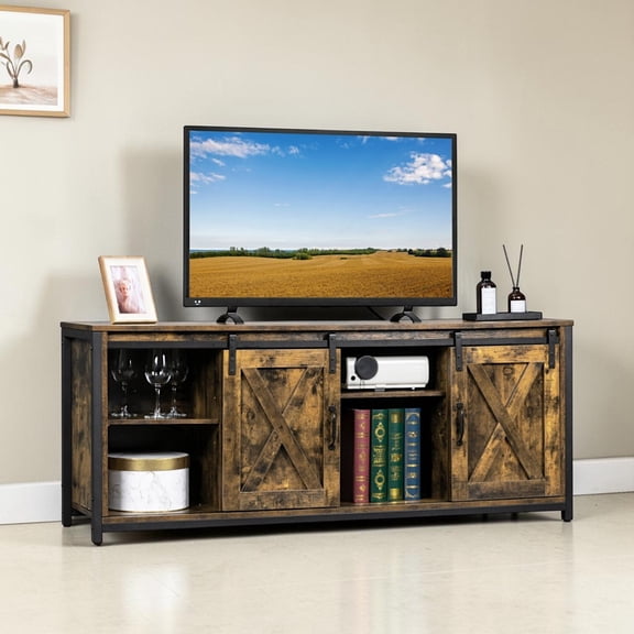 IVV Industrial Style TV Stand with Sliding Barn Doors, 58" Media Console Cabinet for Living Room, Entertainment Center, Retro Brown
