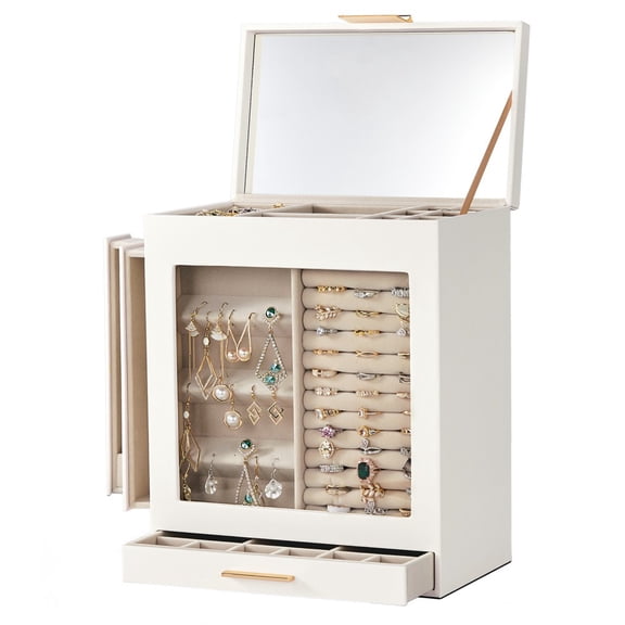 IVV Jewelry Box, Necklace Earring Organizer with Clear Acrylic Front, Flip-Top Mirror, 4 Drawers, Large Ring Display Storage Case for Ladies (White/Pink)