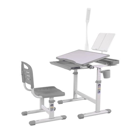 IVV Kids Desk and Chair Set, Height Adjustable Sturdy Table, Children Ergonomic Drafting Desk with Tilt Desktop, LED Light, Storage Drawer for Study, Activities, Arts, or Crafts, Gray
