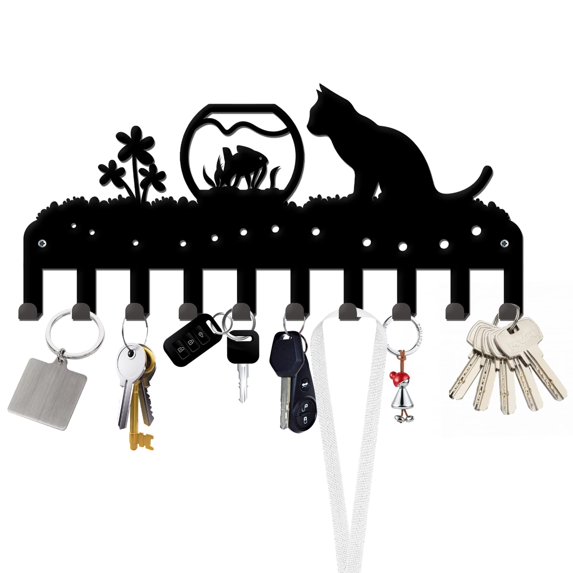 IVV Kitty-Themed Metal Wall Rack with 10 Hooks – Black Metal Organizer Featuring Adorable Cat & Goldfish Silhouettes, Wall-Mounted Key & Utility Hook Rack (1 Pack)