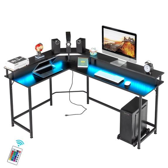 IVV L Shaped Corner Computer Desk 67" with Led Lights and Power Outlets, Modern Home Office Desk with Upper Shelf & CPU Stand, L Shaped Gaming Desk, Black