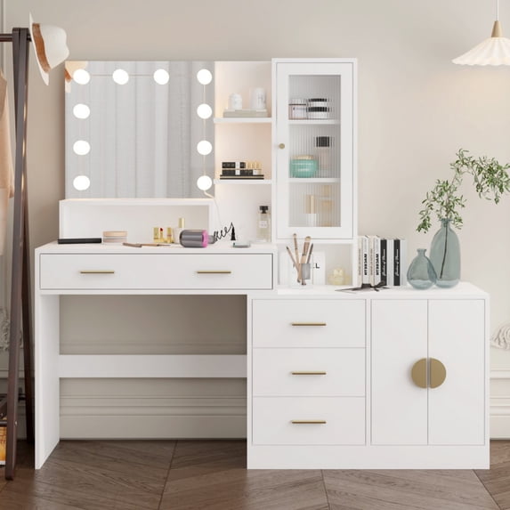 IVV LED Dressing Table with Charging Station, 3 Colors Lighting Modes with Adjustable Brightness, Cosmetic Dressing Table with Mirror, 5 Drawers and Storage Cabinet for Bedroom, White