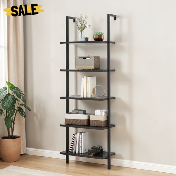 IVV Ladder Shelf, 5-Tier Wall Mounted Bookshelf with Metal Frame, Industrial Open Display Organizer Rack, for Living Room, Bedroom, Home Office, Black Walnut