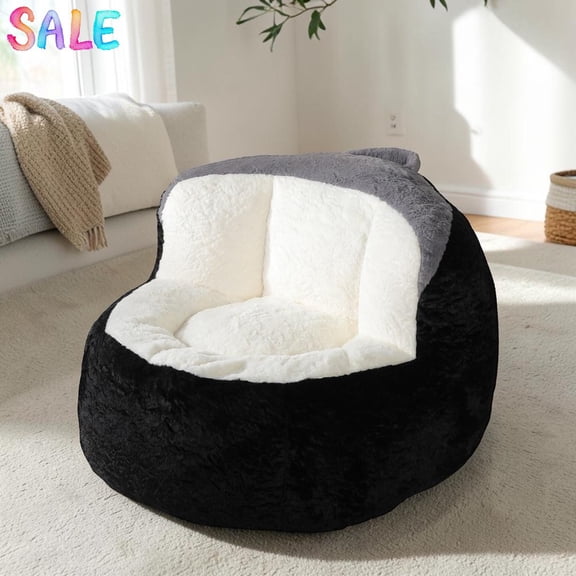 IVV Large Bean Bag Chair with Non-Slip Base & Portable Handle, Body-Adaptive Shredded Foam Bean Lounge Chair, Compressed Shipment & No Assembly Required (Black+White+Gray)