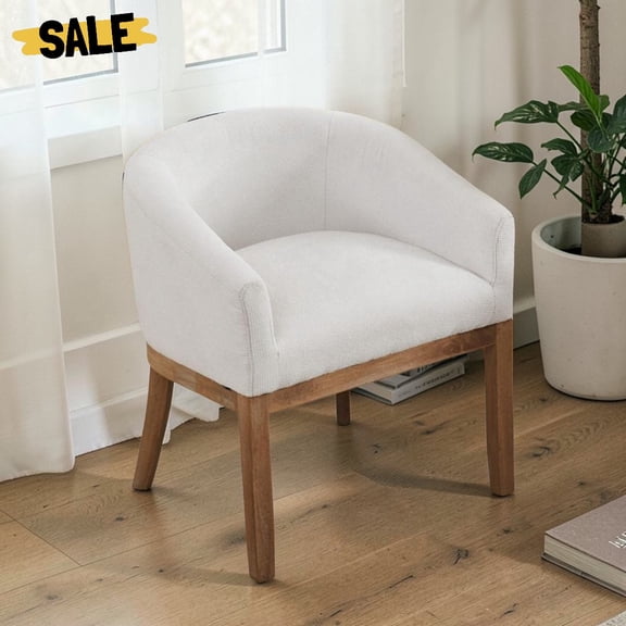 IVV Linen Fabric Upholstered Barrel Dining Chair with Solid Rubberwood Legs, Tub Arm Accent Kitchen Chair with Curved Back, Comfortable Side Chair for Dining Room Restaurant Office, Beige