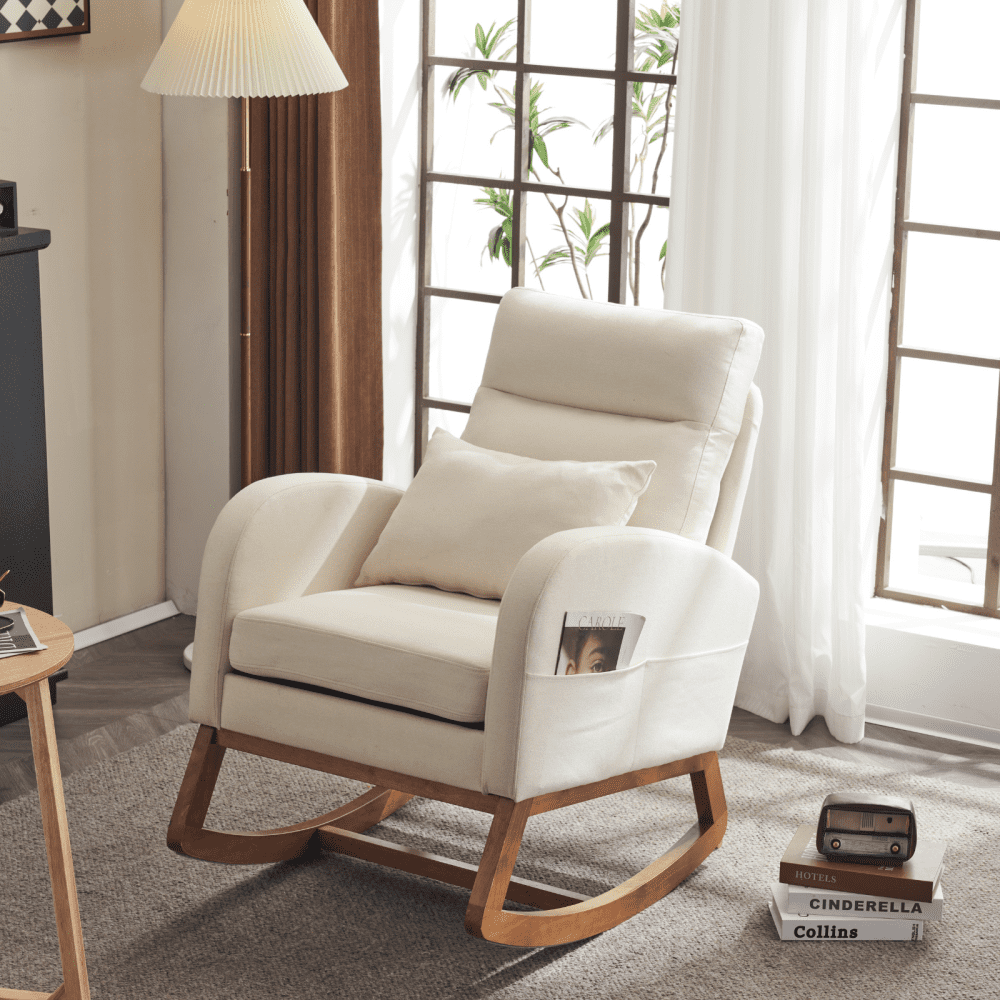 Beige Linen Upholstered Rocking Chair with Solid Wood Base