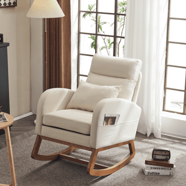 IVV Linen Upholstered Glider Chair with Side Pocket, Modern Accent Rocking Chair with High Back, Comfy Armchair for Living Room Bedroom Lounge Nursery, Beige