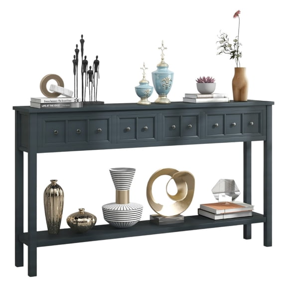 IVV Long Sofa Table with 4 Drawers and Storage Shelf, Distressed Finish Wood Console Table, 60"L x 11"W x 34"H, Navy