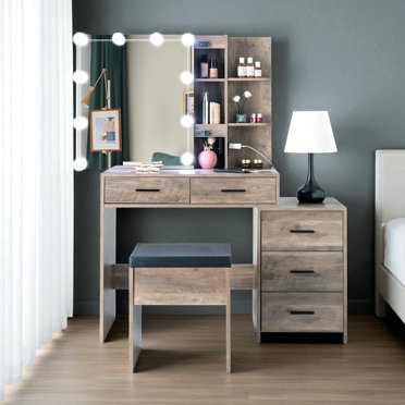 IVV Makeup Vanity Set with Lighted Mirror and Charging Station, Dressing Table with Stool, Sliding Mirror Cabinet, 5 Drawers & Open Shelves for Bedroom, Gray