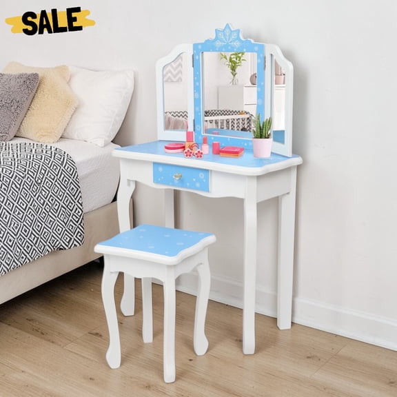 IVV Makeup Vanity Set with Removable Tri-Fold Mirror and Square Dressing Stool, 1 Drawer, Safety Rounded Corner for Littles, Blue+White