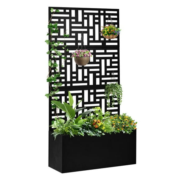IVV Metal Planter with Trellis, 70 Inch Freestanding Trellis with Planter Box & Privacy Screen, Outdoor Raised Garden Bed for Climbing Plants, Trellis Planter Box with Drainage Hole (Black)