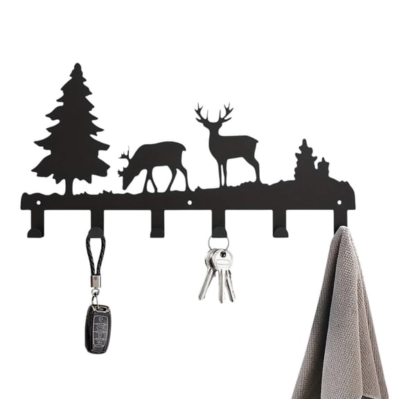IVV Metal Wall-Mounted Key Holder – 6-Hook Cold-Rolled Steel Rack for Clothes, Bags & Keys, Elk & Doe Accent, 13.66"W, Black