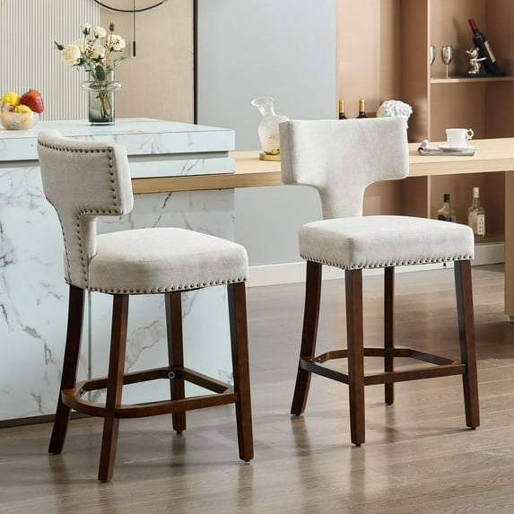 IVV Mid-Century Modern Counter Height Bar Stools Set of 2, Farmhouse Beige Linen Upholstered Kitchen Chairs with Curved Backrest and Nailhead Trim, Solid Wood Frame, 26.4" Seat Height