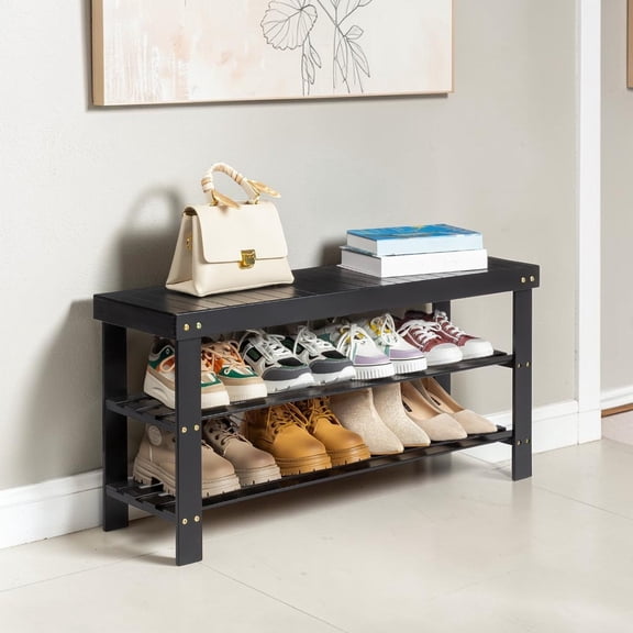 IVV Modern 35.4" Storage Bench, Minimalist 3-Tier Bamboo Shoe Rack with Seating, Slim Design for Entryway, Closet or Hallway, Assembly Required, Black