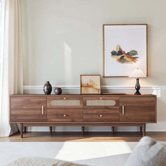 IVV Modern 76.8" TV Stand in Dark Brown, Low Profile Media Console with 2 Drop-Down Rattan Doors, 2 Drawers & 2 Soft-Closing Cabinets  Fits Max 85" TVs, for Living Room or Bedroom