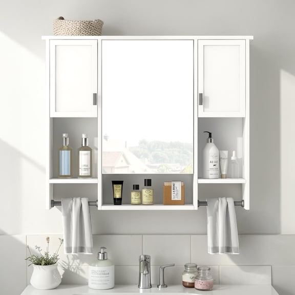 IVV Modern Bathroom Wall-Mounted Mirror Cabinet with Concealed Storage, Open Shelves & Built-In Towel Rods, 35" x 28.7", White