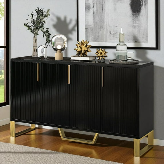 IVV Modern Black Sideboard with Gold Metal Base & Marble-Look Top, 4-Door Buffet Cabinet with Adjustable Shelves for Dining Room, Living Room, Hallway - 60"L x 15.7"W x 34"H