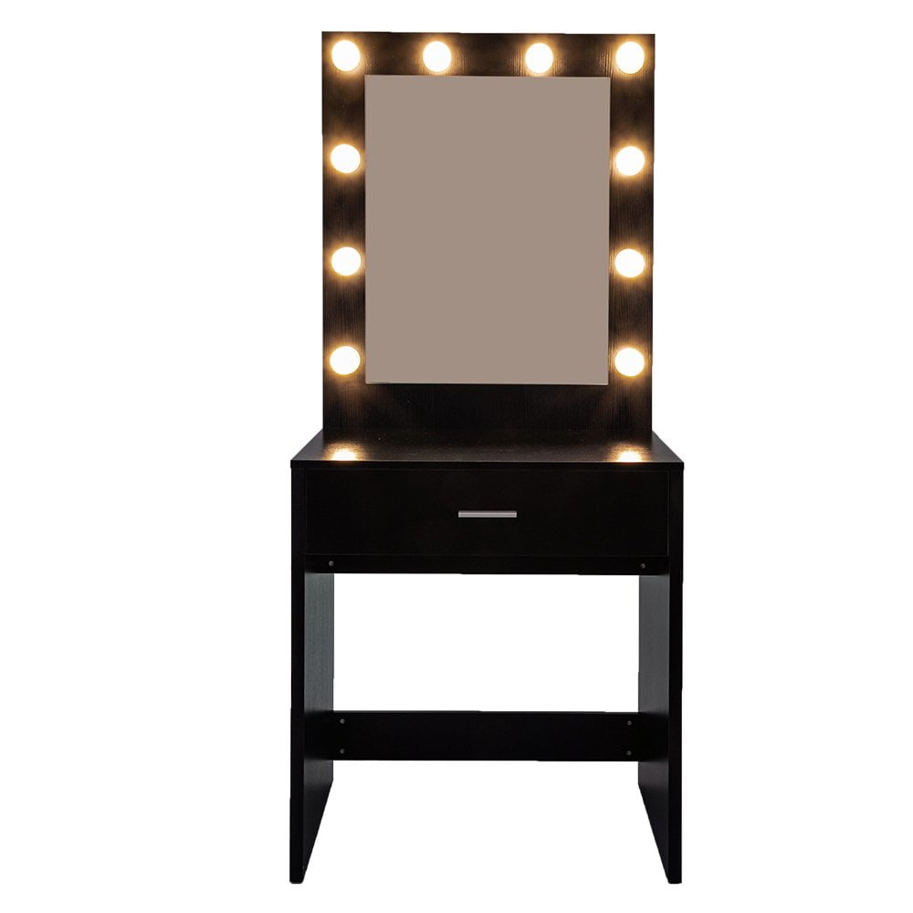 IVV Modern Black Vanity Table with Light Cannon Large Mirror & Single