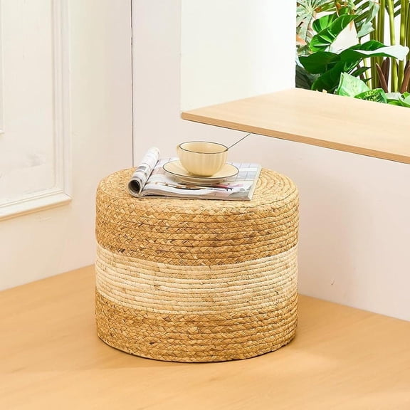 IVV Modern Boho Handcrafted Woven Water Hyacinth Ottoman, Home Accent Round Foot Stool for Living Room, Bedroom, Small Space - 15.7"Dia x 11.8"H (Natural & Beige)