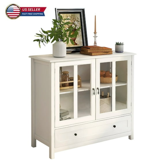 IVV Modern Buffet Cabinet with 2 Glass Doors, Adjustable Shelf & Bottom Drawer, White Storage Floor Cabinet for Dining Room, Kitchen, Living Room