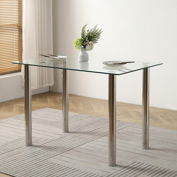 IVV Modern Clear Glass Dining Table, 43.3" Rectangle Kitchen Table with Sleek Stainless Steel Legs – Easy to Clean and Assemble