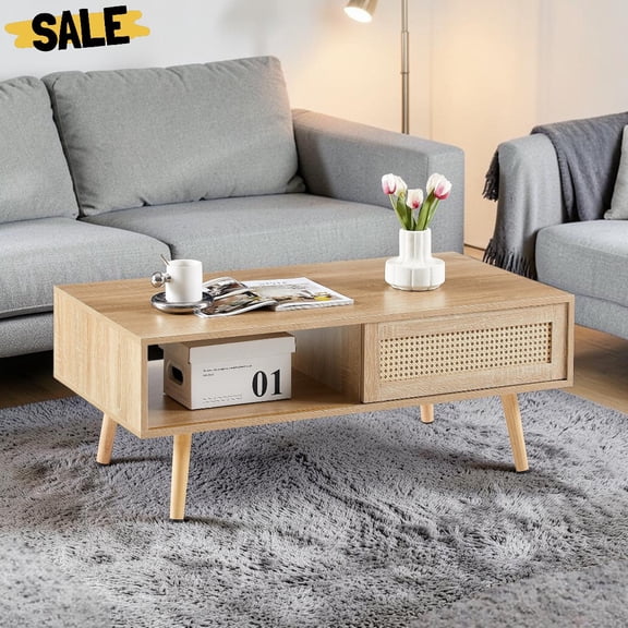 IVV Coffee Table with Rattan Sliding Door and Solid Wood Legs, 41.34" Rectangle Center Tea Table for Living Room Bedroom Apartment Small Space, Natural