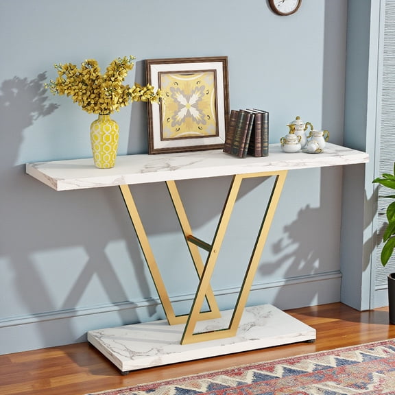 IVV Modern Console Table, 42.1 Inch Sofa Table with Gold Metal Base, 2-Tier Long Skinny Table for Hallway, Entryway, Living Room, Foyer
