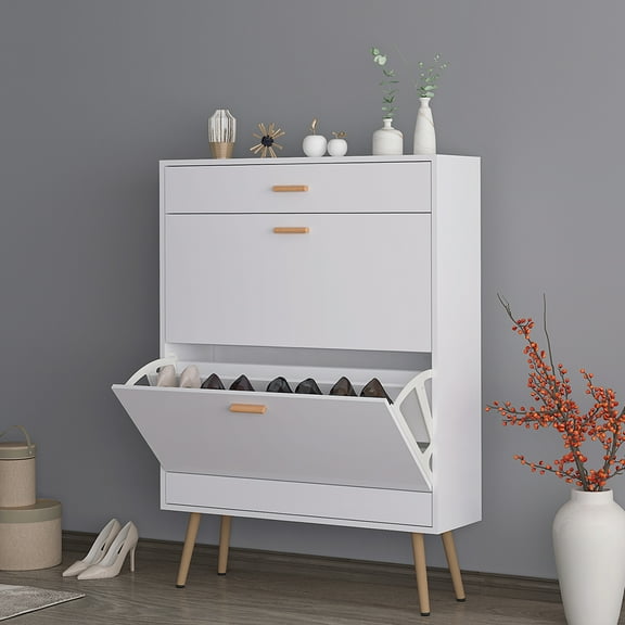 IVV Modern Entryway Narrow Shoe Storage Cabinet with Top and 2 Flip Drawers, 31.5"L x 9.45"W x 43.7"H, White