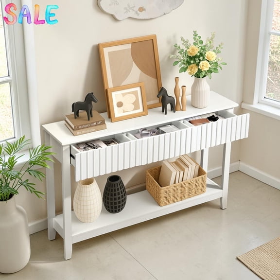 IVV Modern Entryway Sofa Table, 51" Console Table with 3 Fluted Drawers and Lower Open Shelf, Easy to Clean & Assemble, White