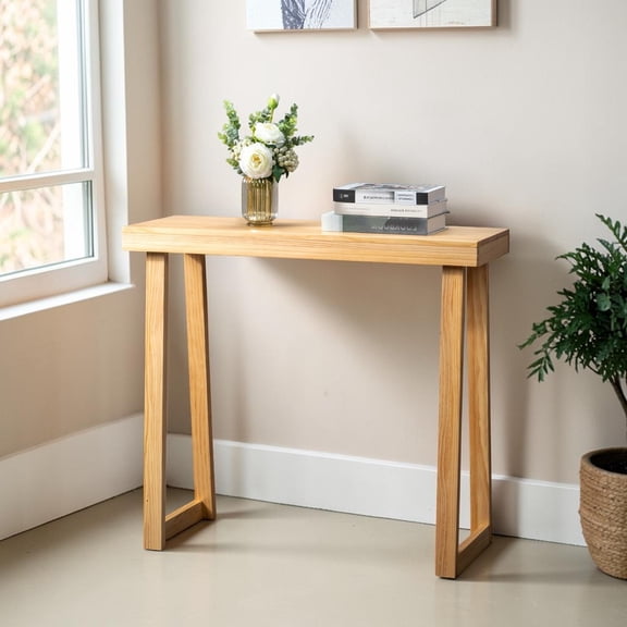 IVV Modern Farmhouse Rectangle Console Table in Natural Finish, Solid Pinewood Couch Table with Anti-Slip Footpads, 35.8"L x 12"W x 31.9"H, Space-Saving & Easy Assembly