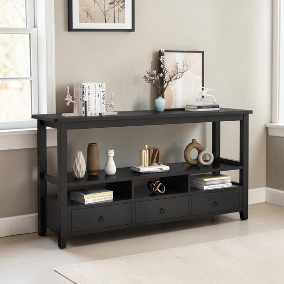 IVV Modern Farmhouse Storage Console Table, MDF Accent Table with Open Shelf & Divided Compartments & Bottom Drawers, Multi-Functional Hall Table for Living Room, 57.9"L x 14.2"W x 29.9"H, Black
