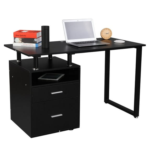 IVV Modern Home Office Computer Desk with 2 Drawers, Storage Shelf, Black