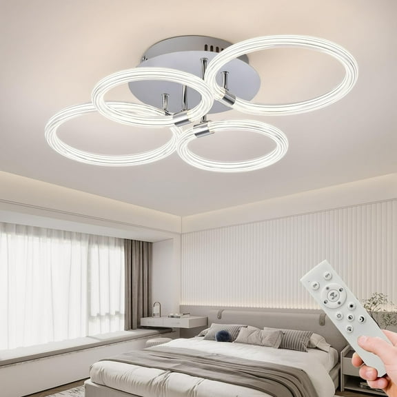 IVV Modern LED Flush Mount Ceiling Light with Dimmable Remote Control, 4 Rings Lighting Fixture Ceiling Lamp for Kitchen, Living Room, Bedroom, Laundry Room, 3000K-6500K, CRI 90+ (Silver)