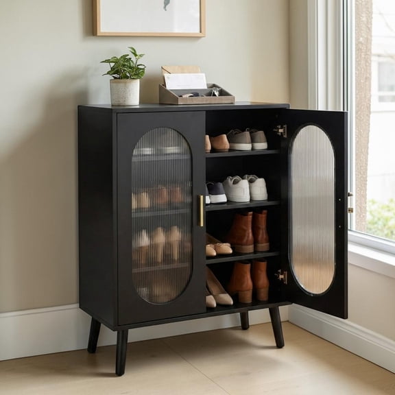 IVV Modern Lighted Shoe Cabinet with Dual Translucent Doors & Adjustable Inner Shelves, Entryway Shoes Rack Organizer w/ LED Stripe & Remote, 26.77"L x 15.75"W x 32.87"H, Black
