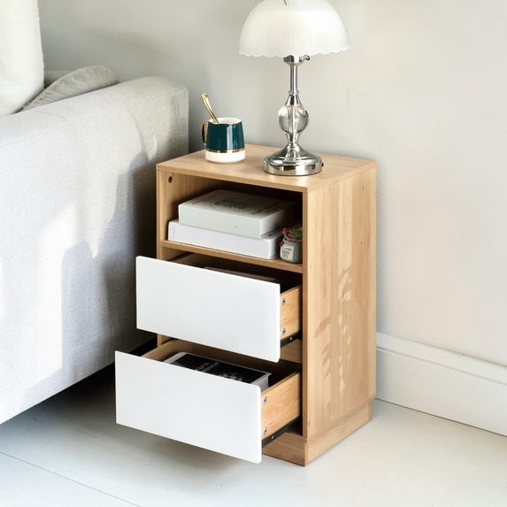 IVV Modern Minimalist 2-Drawer Bedside Table, Two-Tone Storage Nightstand with Open Shelf, Easy Assembly (Oak+White)