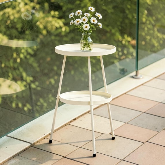 IVV Modern Minimalist 2-Tier Round Accent Table in Cream White, Sturdy Metal Nightstand Side Table, Versatile Indoor & Outdoor End Table for Drinks Plants Decors Storage, Easy Assembly
