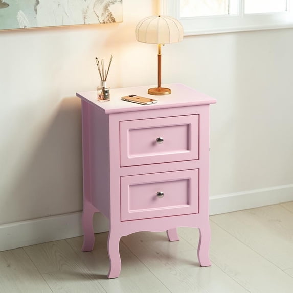 IVV Modern Nightstand in Pink, Country Style Bedside Table with 2 Full-Extension Storage Drawers and Curved Legs, for Living Space, Bedroom Nook, Home Office, Easy Maintenance & Assembly