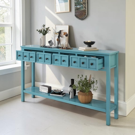IVV Modern Rustic Entryway Console Table in Turquoise Green, Narrow Sofa Table behind Couch with Storage Drawers and Open Shelf, for Hallway/Foyer/Living Room, 60"L x 11"W x 34"H