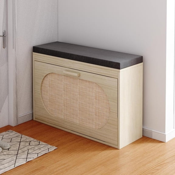 IVV Modern Shoe Cabinet with Seat Cushion, Entryway Wood Shoe Bench w/ Rattan Decorated Flip-Drawer for Hallway Bedroom Living Room, 29.2"W x 9.5"D x 20"H, Natural