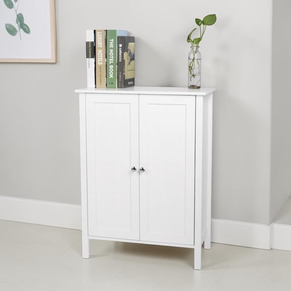 IVV Modern Standing Bathroom Storage Cabinet, White MDF 2-Door Floor Cabinet with Chrome Handles, Multifunctional Organizer Cupboard for Home Kitchen Living Room, White