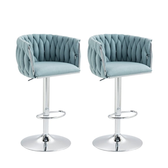 IVV Modern Swivel Bar Stools Set of 2, Height-Adjustable Fabric Upholstered Stools with Woven Back, Kitchen Island Counter Chair with Chrome Base, Blue