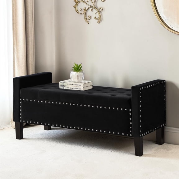 IVV Modern Upholstered Storage Bench in Black Velvet, 48" Flip-Top Tufted Ottoman Entryway Seating with Nail Trim & Armrests, for Living Space, Hallway Foyer
