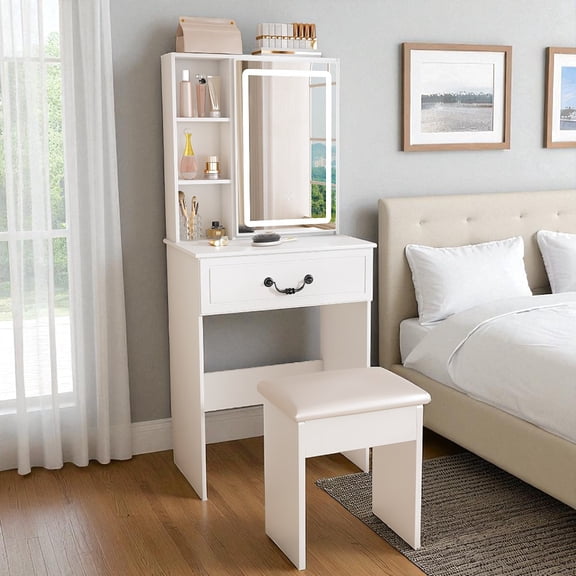 IVV Modern White Vanity Desk with LED Mirror & Padded Stool, Compact Makeup Dressing Table with 1 Drawer & Open Shelves, 3 Lighting Modes & Adjustable Brightness, Suitable for Small Bedrooms