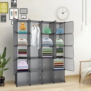 IVV Modular Closet Organizer, 20 Cube Wardrobe Cubby Shelving Storage Cubes with Hanger Rod, DIY Modular Bookcase Closet System Cabinet with Doors for Clothes, Shoes, Toys, Gray