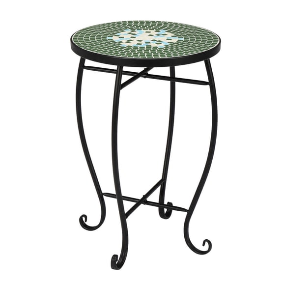 IVV Mosaic Plant Stand, 14 Inch Round Side Table with Ceramic Tile Top, Indoor and Outdoor Accent Table, Outdoor Patio Furniture, End Table for Garden Patio Living Room, Green Garden
