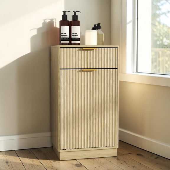 IVV Multi-Functional Tilt-Out Trash Cabinet with Top Drawer, Light Oak Woodgrain Finish, Compact Fluted Laundry Cabinet Organizer, Easy Assembly, for Bathroom, Kitchen, Laundry Room