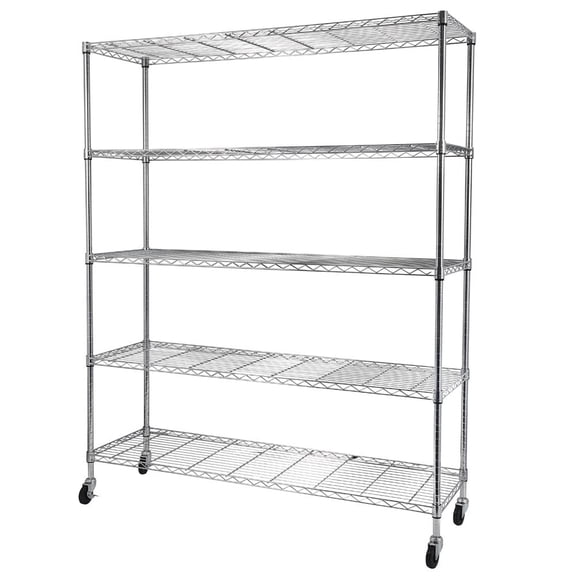 IVV 5-Tier Chrome Steel Wire Shelving Unit with 4" Wheels and Leveling Feet, 59"L x 17.7"W x 70.9"H, for Garage, Warehouse, Restaurant, or Home Storage