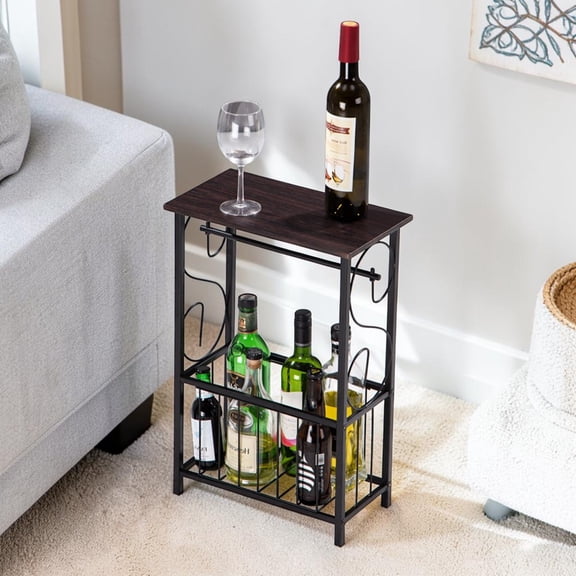IVV Narrow Side Table, Freestanding Storage End Table with Toilet Paper Holder & Magazine Basket, Accent Table for Bathroom, Living Room, Small Space, Dark Brown MDF Top & Black Metal Frame