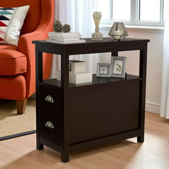 IVV Narrow Side Table with Open Shelf and 2 Drawers, Wooden Storage Sofa Couch End Desk Nightstand for Bedroom Living Room, Espresso, 23.62"L x 11.81"W x 24.02"H